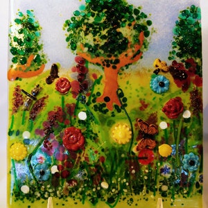 Hand Crafted Fused Glass Panel | Field of Dreams | Flowers Butterflies Bees & Trees