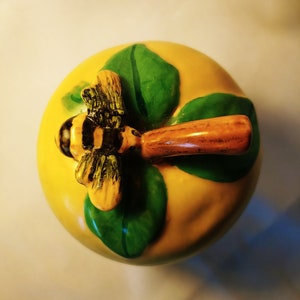 Ceramic Green Apple with Visiting Bumble Bee and Worm Small Jar | Trinkets | Sugar Bowl