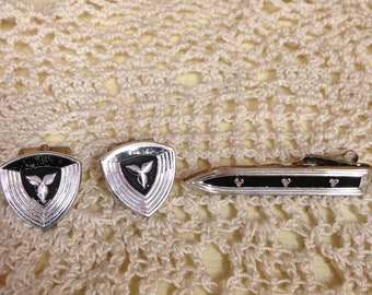 Vintage Swank Cufflinks & Tie Clip Silver Tone Shields and Sword