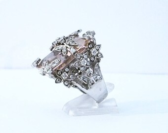 Grosse bague en argent fleurs et papillons et multipierres