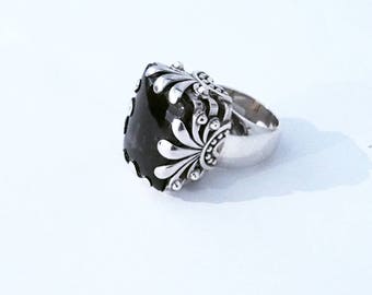 Grosse bague en argent et quartz marron fumé