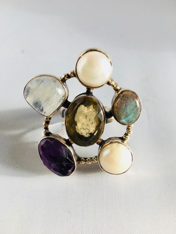Multi Stone and Silver Ring