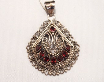 Antique garnet stone and silver pendant for necklace