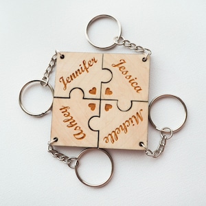 REAL WOOD Best Friend Key Chain Set-Set of 4 puzzle piece keychains-Personalized Keychains-Best Friend Gift-Anniversary/Valentine&#39;s Gift