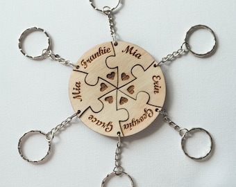REAL WOOD 6 Best Friends Porte-clés Set-Set de 6 pièces de puzzle porte-clés cercle-Puzzle 6 pièces-Porte-Clés personnalisés-Cadeau Meilleur ami