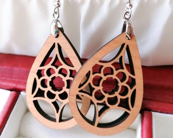 Wood Earrings-Teardrop flower earrings-Lightweight Earrings-Any occasion gift