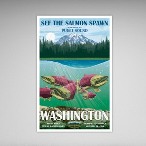 See The Salmon Spawn - Washington State Travel Print - 11x17 inches