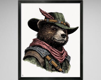 Little John Bear Illustration Vintage Style Print - 8x10 or 16x20 inches