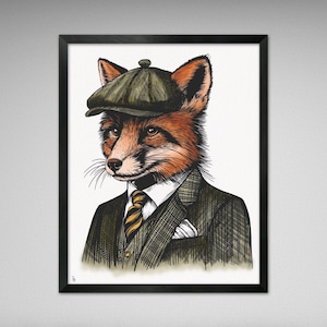 Ilustración de zorro elegante, estilo vintage, impresión - 8x10 o 16x20 pulgadas