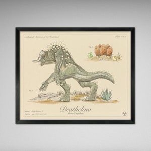 May include: Framed print featuring a detailed illustration of a Deathclaw, a fictional creature, with scientific-style annotations. The artwork is in shades of green, gray, and beige, with the text "Deathclaw" and "Zoological Archives of the Wasteland".