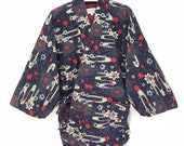 Vintage Haori Cotton Jacket Asian Floral Printed Drawstring Kimono Light Jacket Quilted Lining
