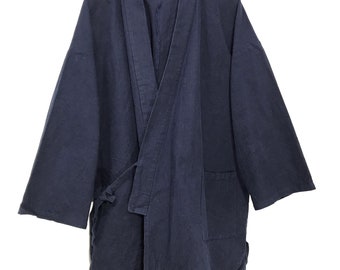 Made in Japan Vintage Haori Noragi Cotton Indigo Blue Kimono Drawstrings Kimono Robe Light Jacket