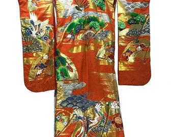 Rare Vintage Uchikake Wedding Silk Kimono Gown Full Brocade Embroydery Florals Japanese Art Flamingo Handmade Gold Thread