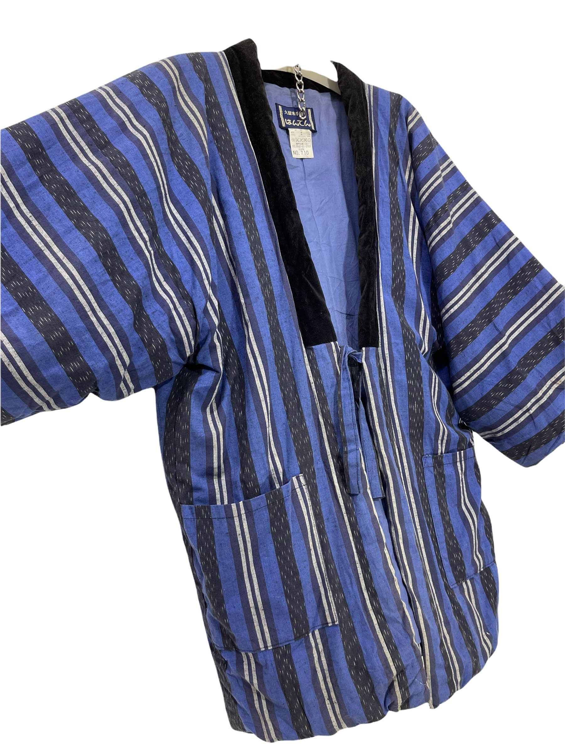 Made in Japan Vintage Hanten Jacket Padding Wadded Blue Striped Pattern Handmade Drawstring Kimono Robe Warm Winter Jacket Etsy UK