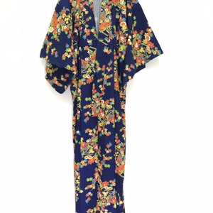 Vintage Wool Yukata Yuzen Asian Florals Kimono Light Robe Hand Made Sashiko Stitch