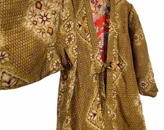 Made in Japan Vintage Hanten Jacket Padding Wadded Full Kasuri Ikat Flowers Pattern Handmade Drawstring Kimono Robe Warm Winter Jacket