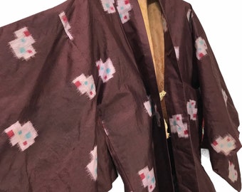 Gemaakt in Japan Vintage Haori Zijde Meisen Brown Kasuri Ikat Patronen Trekkoorden Kimono Robe Light Jacket Handgemaakte Sashiko