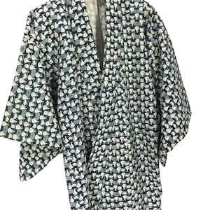 Made in Japan Vintage Kimono Yukata Wool Blend Japanese Pattern Kimono Robe Light Jacket Sashiko Stitch Handmade