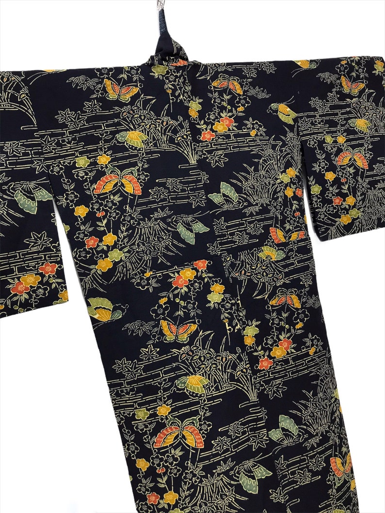 Made in Japan Vintage Kimono Wool Florals Butterflies Kimono Robe Light Jacket Sashiko Stitch Handmade