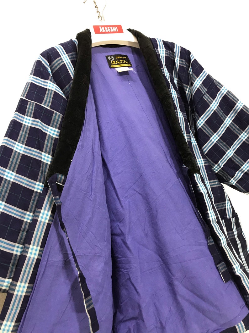 Made in Japan Vintage Hanten Jacket Padding Wadded Blue Check Plaid Patterns Drawstring Kimono Robe Warm Winter Jacket image 1