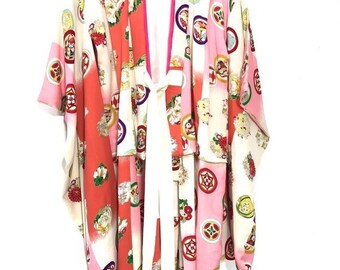 S009:Japanese vintage kimono Haori Excellent condition.Japanese Shibori Robe Jacket flowers in hexagons. Calm red for women