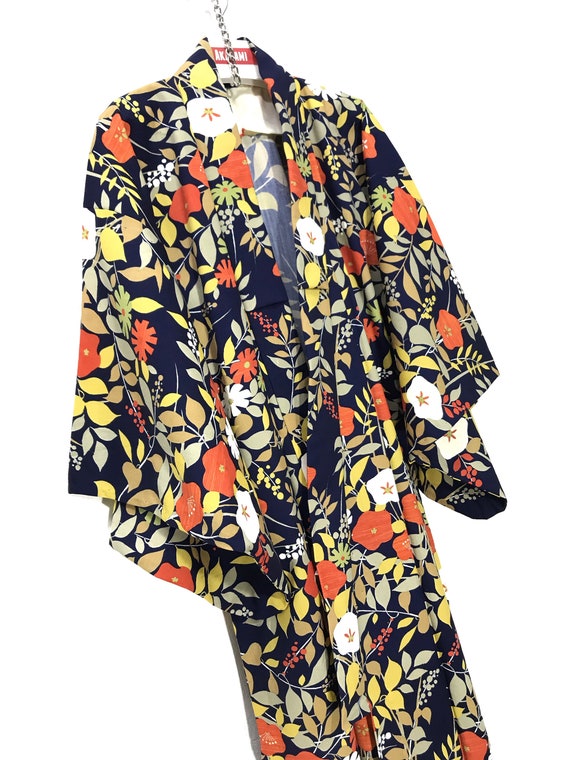 Made in Japan Vintage Kimono Wool Jacket Florals Kimono Robe Light Jacket Sashiko Stitch Handmade