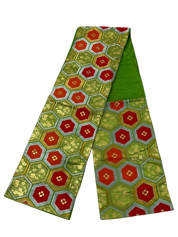 Gold and Green Patterned Kimono Obi Belt Green Obi Sash - Floral Gold Motif - Fukuro Obi - Silk Obi  main image 2