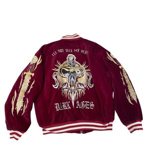 Vintage Sukajan Velvet  Embroidery Skulls Souvenir Jacket Japan Military World War II Memorial Bomber Jacket