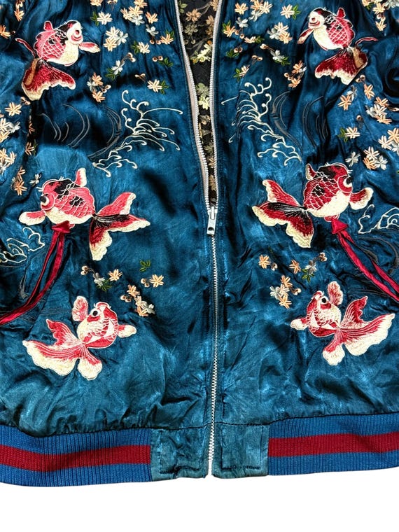 Reversible Sukajan Rayon Full Embroidery Gold Fish Cherry Blossom