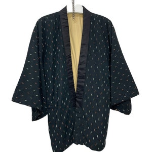Hecho en Japón Vintage Hanten chaqueta de seda acolchado acolchado verde oscuro patrón Kasuri completo hecho a mano kimono bata cálida chaqueta de invierno