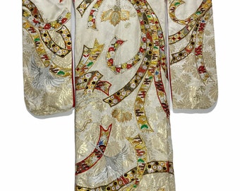 Made in Japan Rare Vintage Uchikake Wedding Kimono Gown Full Brocade Heavy Embroydery Florals Japanese Art Flamingo Handmade Wall Deco
