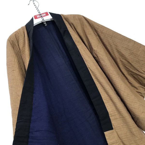 Made in Japan Vintage Hanten Jacket Padding Wadded Brown Check Handmade Drawstring Kimono Robe Warm Winter Jacket