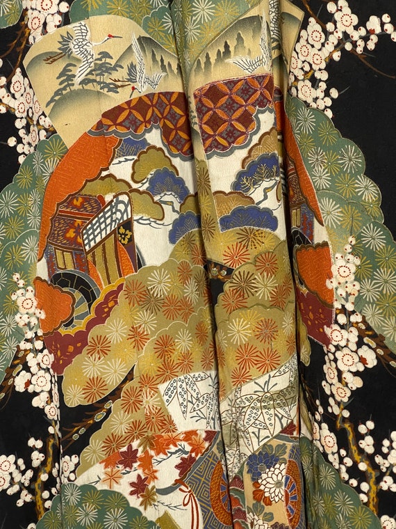 Antique Kimono Tomesode Funeral Silk Taisyo Florals Yuzen Dyeing