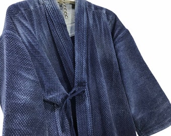 Made in Japan Vintage Kendo Noragi Jacket Indigo Blue Woven Cotton Beauty Faded Japanese Boro Ninja Samurai Style Kimono Jacket