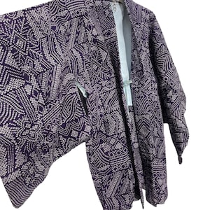 Made in Japan Vintage Haori Purple Japanese Art Shibori Tie Dye Patterns Drawstrings Kimono Robe Light Jacket Handmade Sashiko Stitch