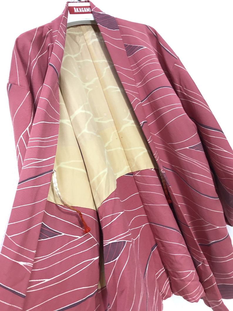 Made in Japan Vintage Haori Pinky Silk Kimono Drawstrings Kimono Light Jacket Hand Made Sashiko Stitch