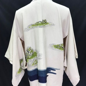 Made in Japan Vintage Haori Silk Light Fullprinted Islands Drawstrings Kimono Light Jacket Hand Made Sashiko Stitch