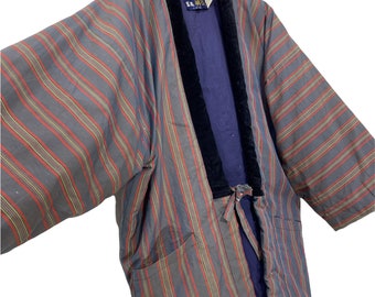 Made in Japan Vintage Hanten Jacket Padding Wadded Striped Pattern Drawstring Kimono Robe Warm Winter Jacket