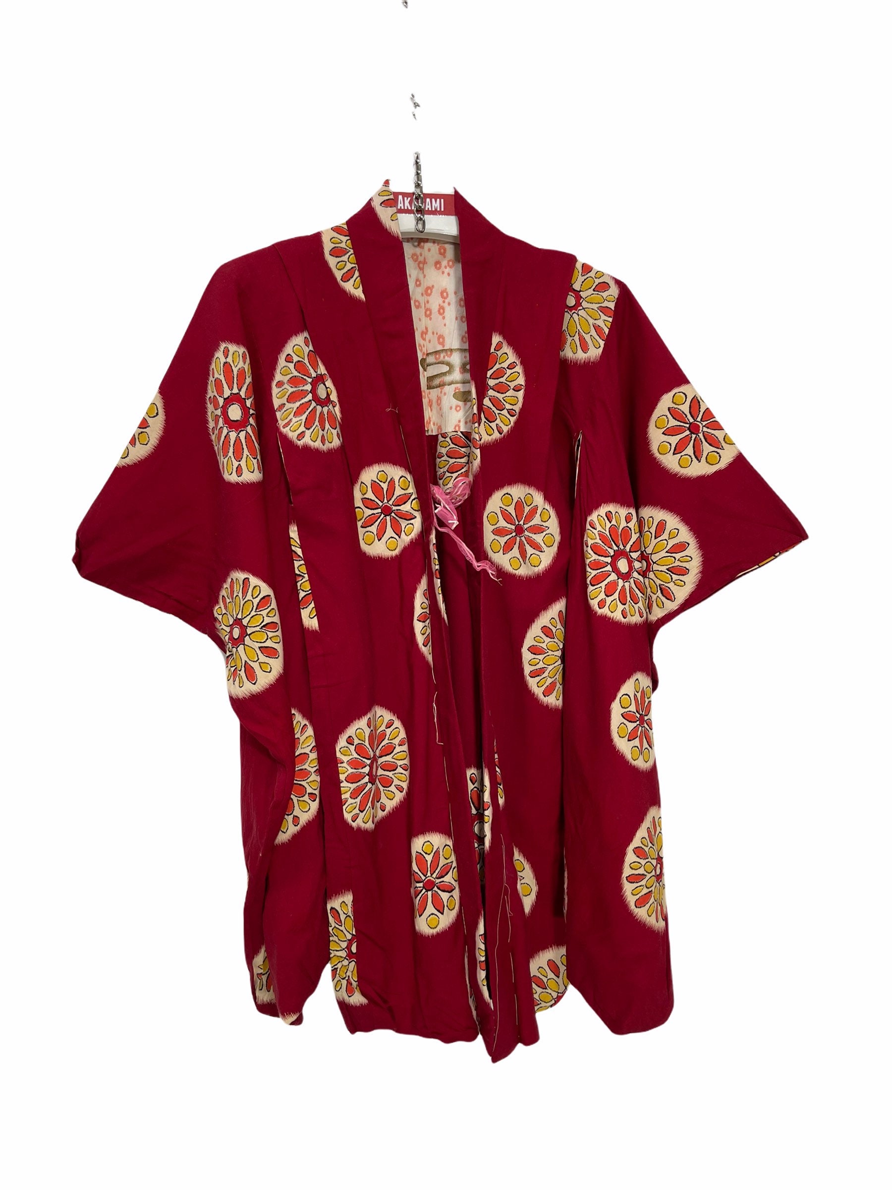 Made in Japan Vintage Haori Rayon Cotton Red Kasuri Ikat Patterns  display picture 1