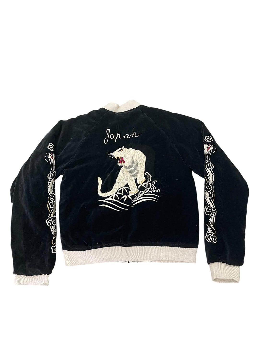 Reversible Vintage Sukajan Velvet Sateen Embroidery White Tigers