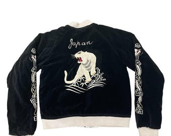 Vändbar vintage Sukajan sammetssatinbroderi vit tigrar souvenirjacka japansk militär bomberjacka från andra världskriget