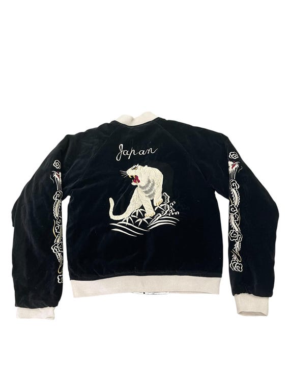 Reversible Vintage Sukajan Velvet Sateen Embroidery White Tigers