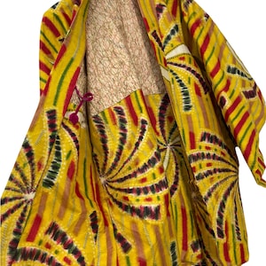 Made in Japan Vintage Haori Silk Meisen Japanese Art Florals Brocade Kasuri Ikat Patterns Drawstrings Kimono Robe Handmade Sashiko Stitch