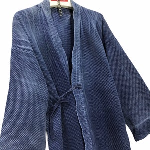 Made in Japan Vintage Kendo Noragi Jacket Indigo Blue Woven Cotton Distressed Beauty Faded Japanese Boro Ninja Style Kimono Light Jacket