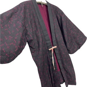Hecho en Japón Vintage Hanten chaqueta acolchado wadded patrón completo cordón hecho a mano kimono bata cálida chaqueta de invierno