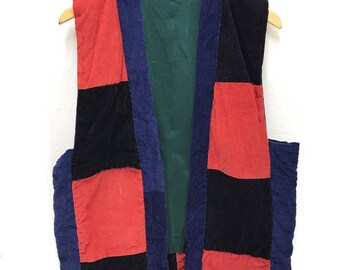 Japan Traditional Vest Corduroy Check Plaid Tartan Patch Work Hand Stitches Padding