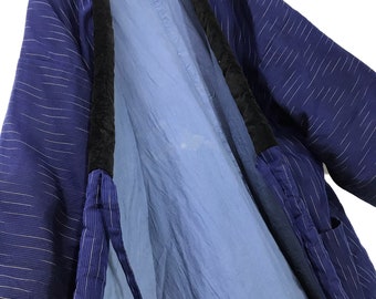 Made in Japan Vintage Hanten Jacket Padding Wadded Blue Pinstriped Drawstring Kimono Robe Warm Winter Jacket