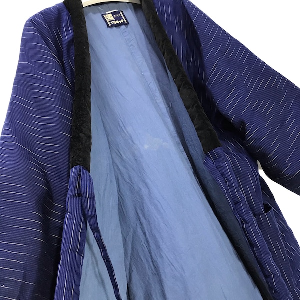 Made in Japan Vintage Hanten Jacket Padding Wadded Blue Pinstriped Drawstring Kimono Robe Warm Winter Jacket