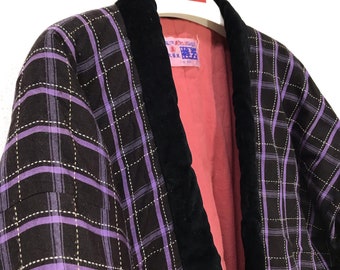 Made in Japan Vintage Hanten Jacket Padding Wadded Sashiko Check Plaid Drawstring Kimono Robe Warm Winter Jacket