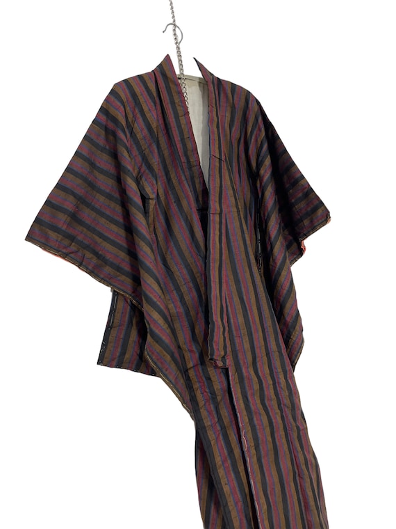 Vintage Showa Kimono Silk Meisen Striped Pattern … - image 1